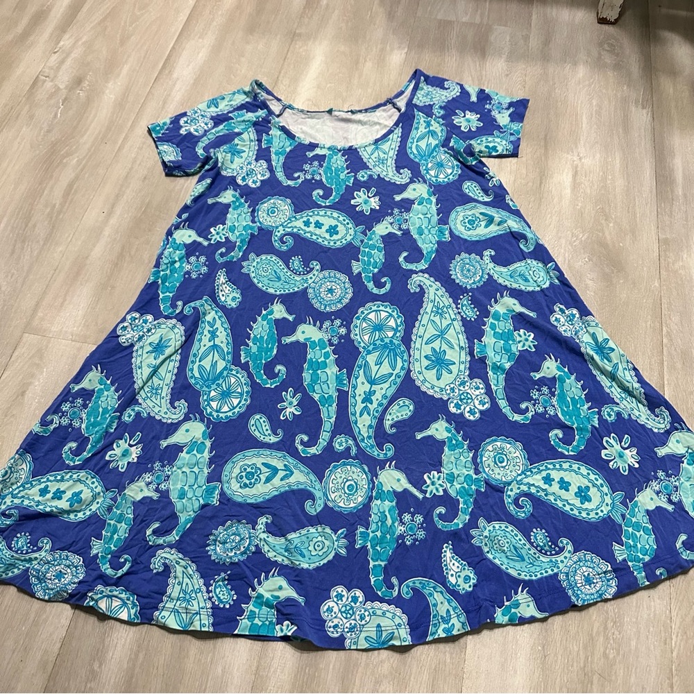 Escapada Blue Turquoise Seahorse Print T-Shirt Dress Sz XS